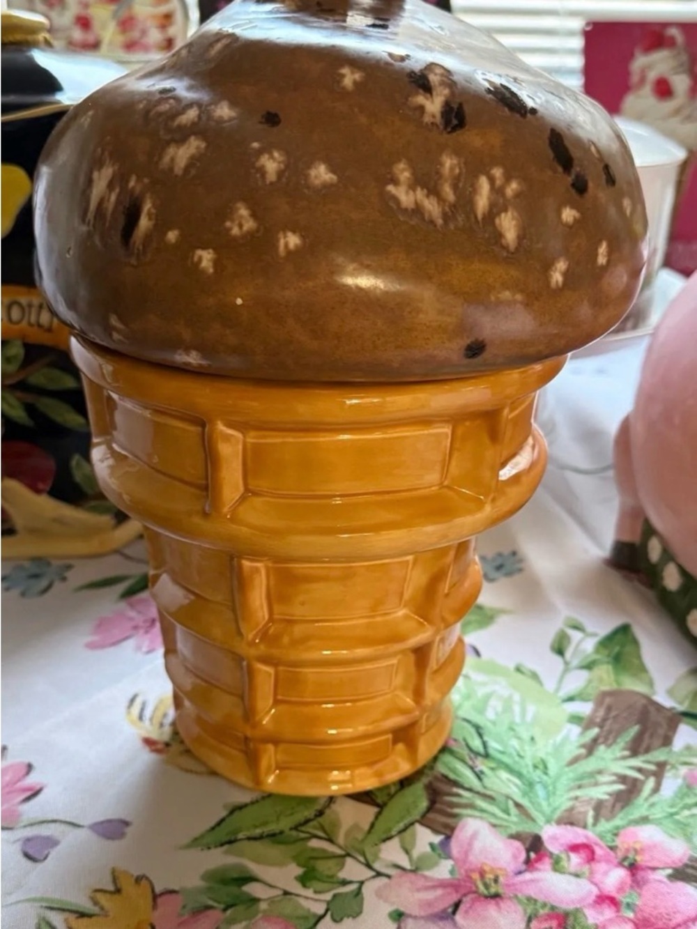 Ceramic Ice Cream Cone Trinket Jar - Brown & Mustard Yellow
